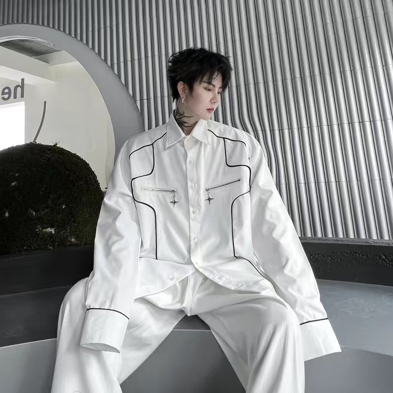 COD Kemeja  pria vintage lengan panjang fashion pria oversize pria Putih Kasual Rantai Logam untuk P