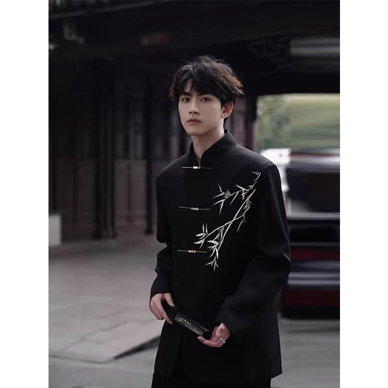 National Style New Chinese Style Suit Men's Green Bamboo Embroidered Chinese Costume Loose Retro Air