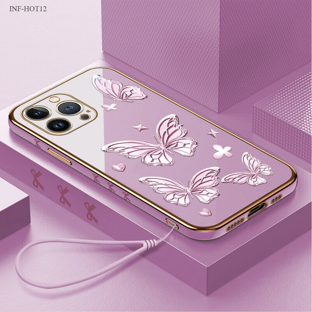 Infinix Hot 12 12i 11 11S 10 10S 9 8 NFC Pro Play Phone Case Pink Love Butterfly 2234 Soft Casing Kesing Lembut Tali Gantungan