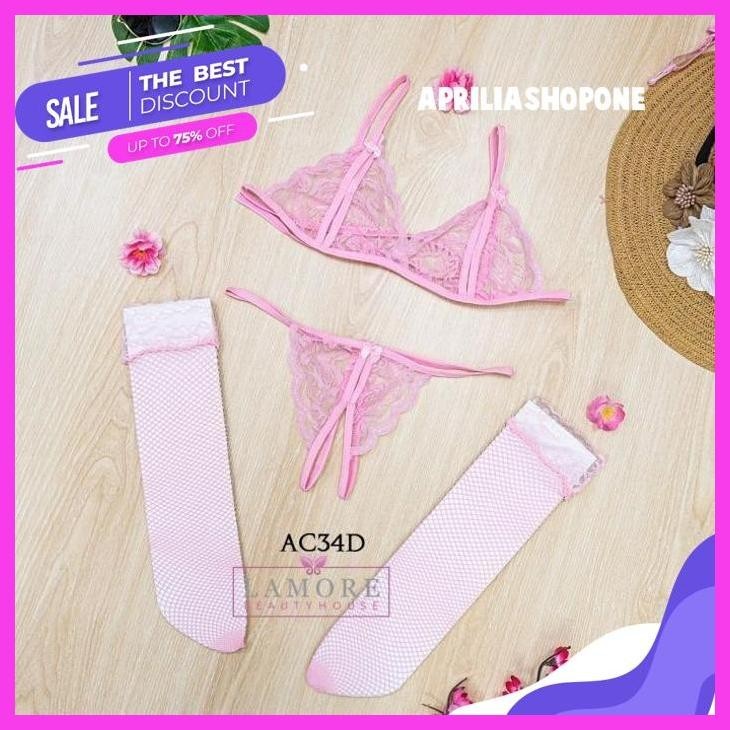BEST PRODUK UNDERWEAR WANITA BRA SET G STRING + STOCKING LACE PUTIH ACC