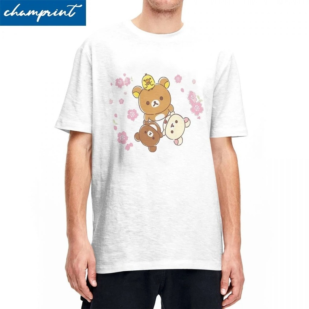 Rilakkuma Sakura T-Shirts for Men Women Cute Brown Bear Unique Cotton Tee Shirt Round Collar Short