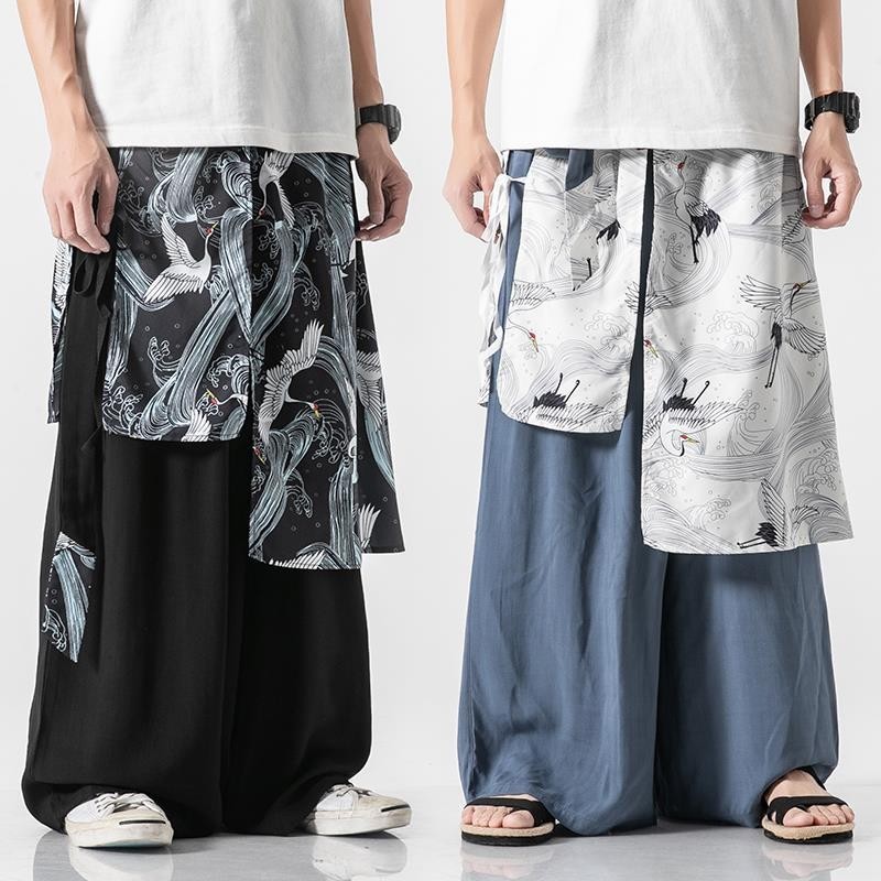 Chinese Style Men's Elegant Fairy Linen Pants Chinese Cotton and Linen Wide Leg Culottes Jushi Hanfu