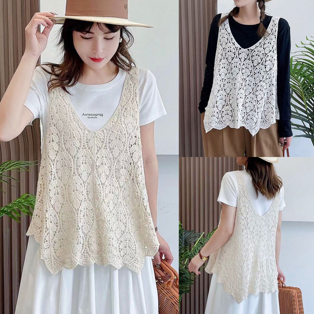 BLUS VEST TOP RAJUT CROCHET RENDA LACE PUTIH GADING IVORY V NECK KUTUNG IMPORT (tanpa dalaman)