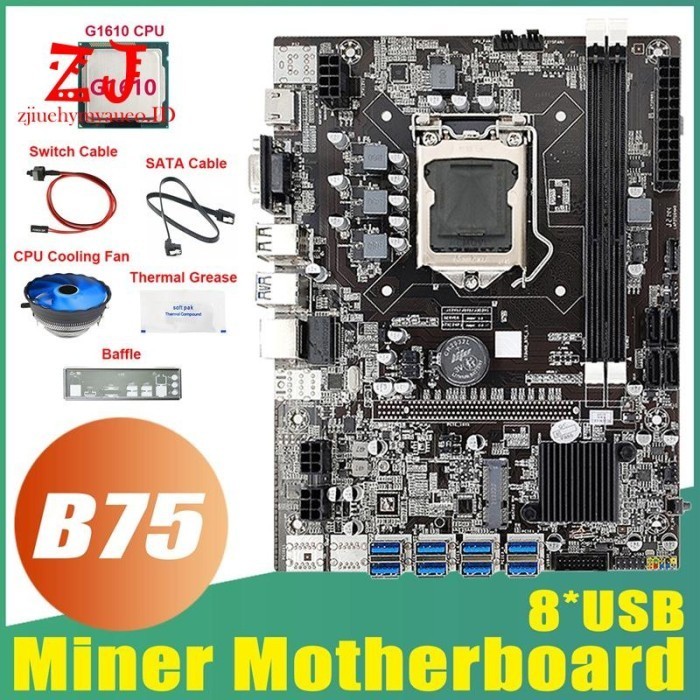B75 Motherboard Eth Mining G1610 Cpu + Kipas + Kabel Switch Sata +