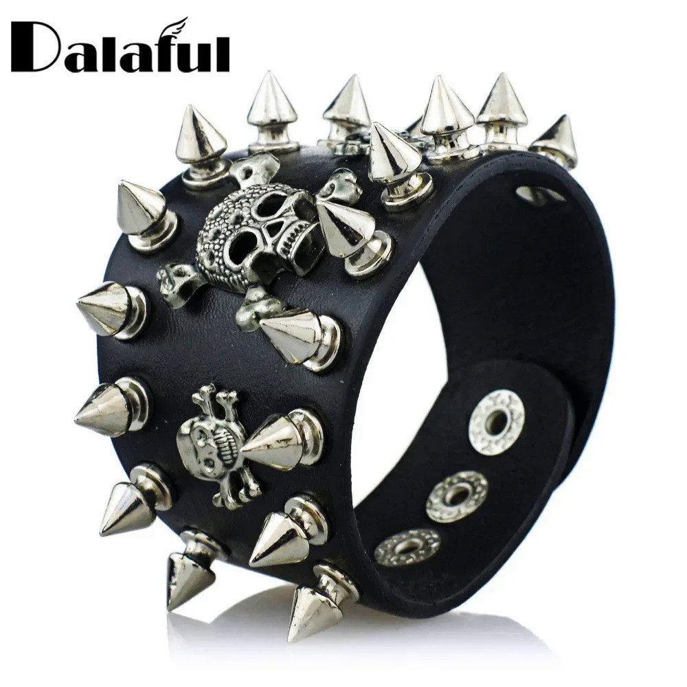 Gelang Kulit Paku Keling Rock Unik, Gelang Kulit S059 Kerangka Gotik Tengkorak Punk Pengendara Seped