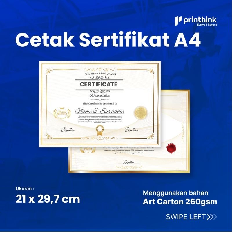 

Cetak Sertifikat Custom A4 Bahan Art Carton 260gr