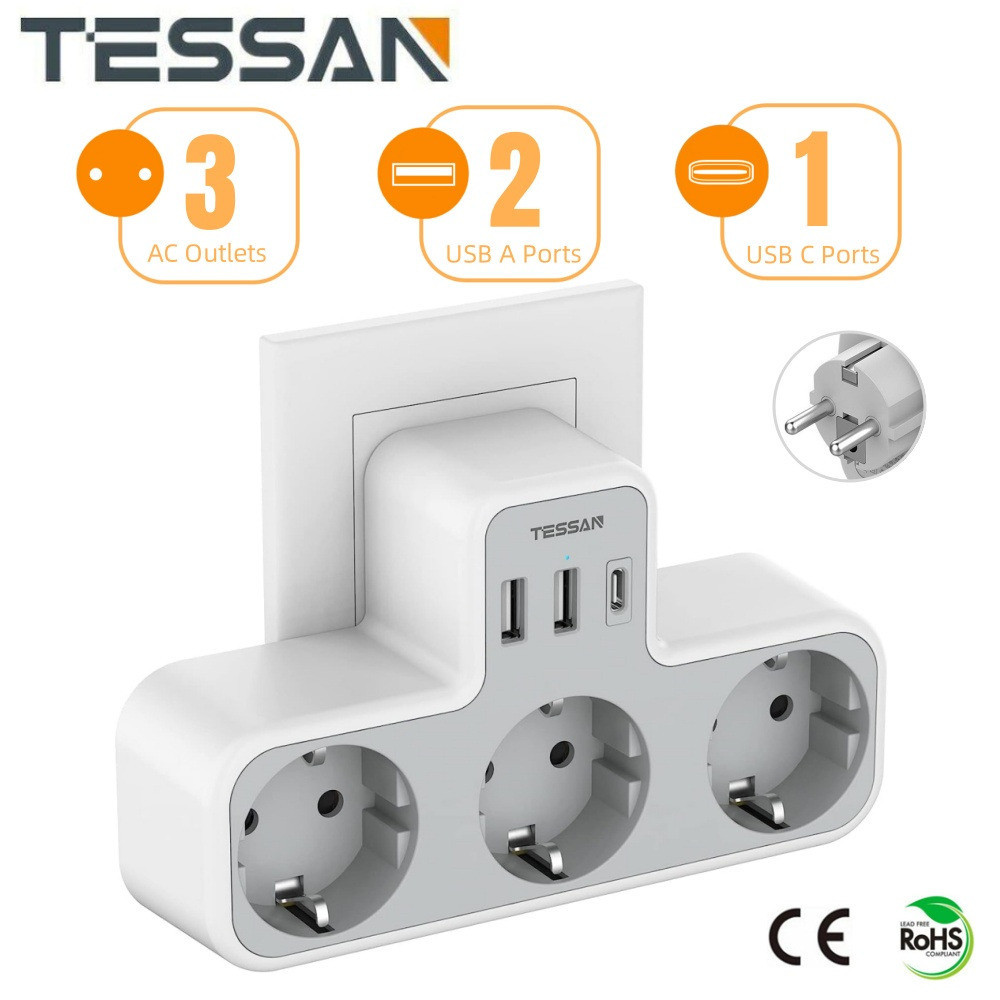 Tessan Stop kontak Wall Socket Extender Adapter dengan 6 in 1 （3 Outlet +2USB+1Tipe C (5V 3A)）