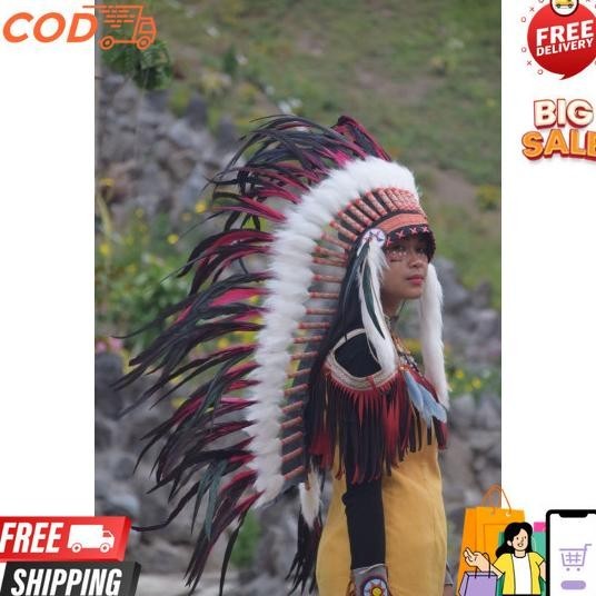 Topi Indian - Indian Headdress Medium Ayam Bilabong Merah Fur Putih Topi Suku Dayak Tradisional Gano