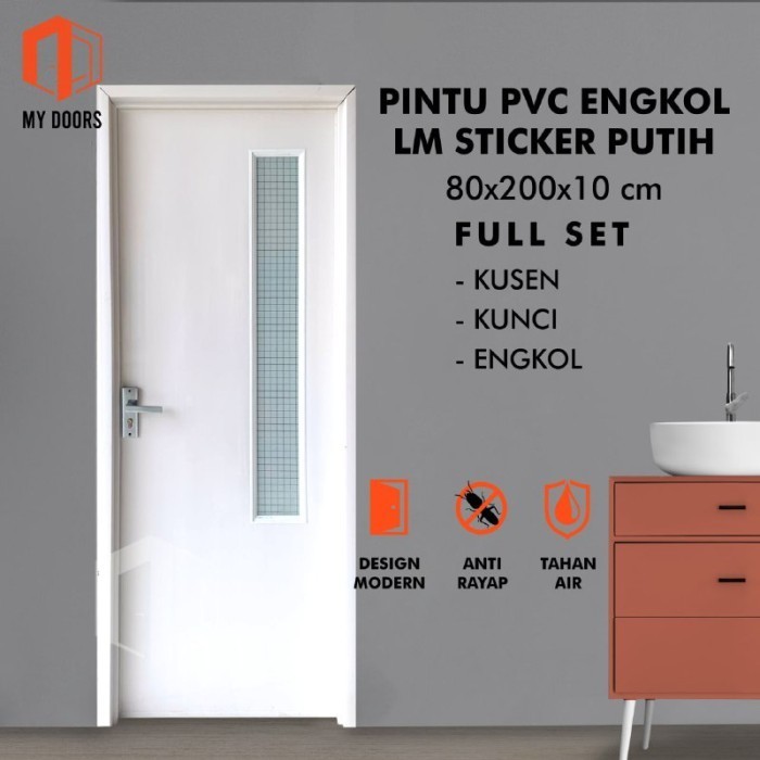 PINTU KAMAR MANDI PVC 80X200 DENGAN KUNCI ENGKOL + KACA STIKER BURAM