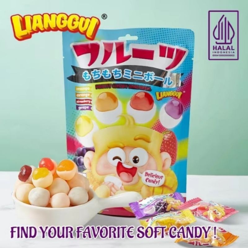 

[HALAL] Permen lunak soft candy fruity chewy mini ball aneka rasa buah mix mangga, jeruk,strawberry dan anggur 108gr.