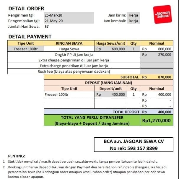Sewa Freezer 100ltr 2 bulan a.n. Sansan