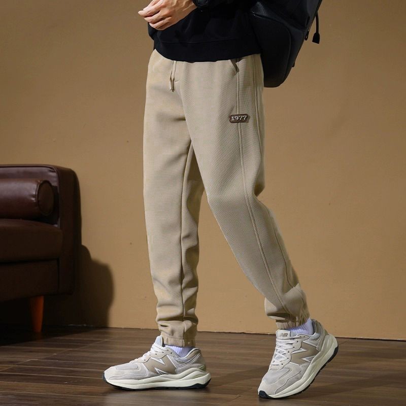 Sports Pants Versatile Khaki Pants/Waffle Leisure Tappered Drawstring Pants
