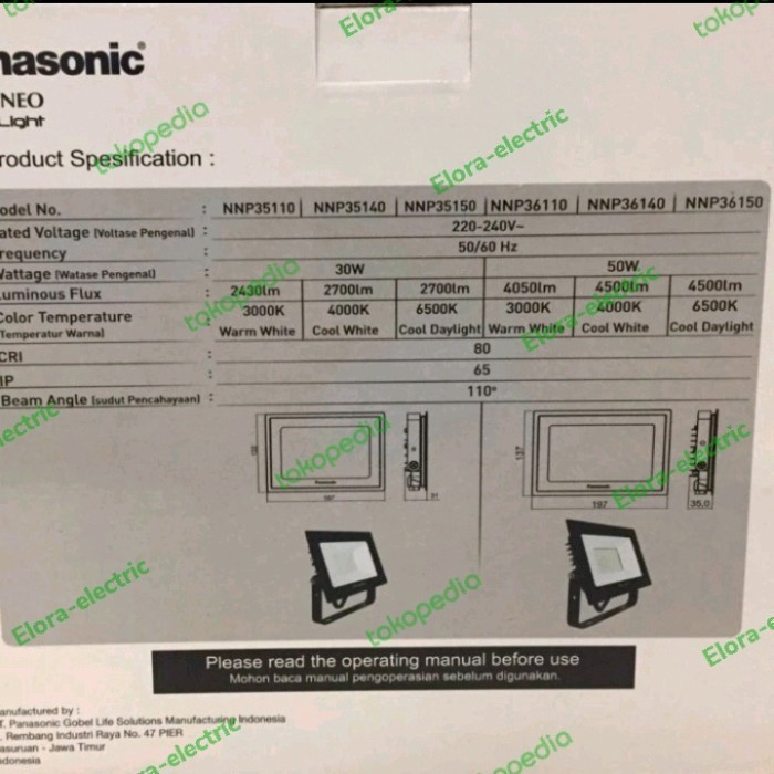 Lampu Sorot Led Lampu Tembak 30Watt Panasonic Floodlight Outdoor Ip65 Ori