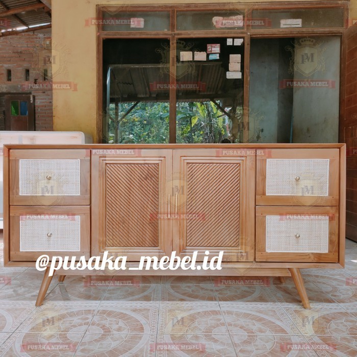 meja cabinet tv kayu jati minimalis rotan, rak bufet tv rotan kayu
