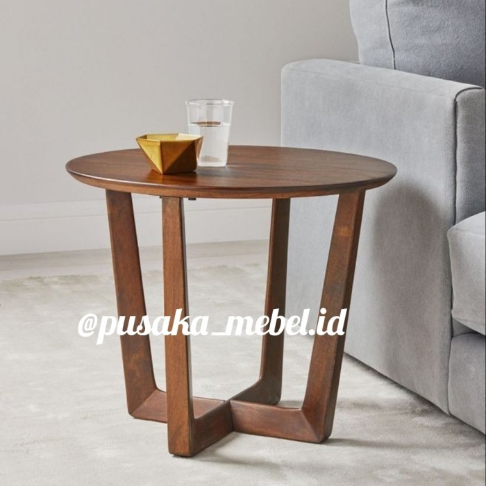 meja samping sofa bulat, side table bulat kayu, meja vas bunga bulat