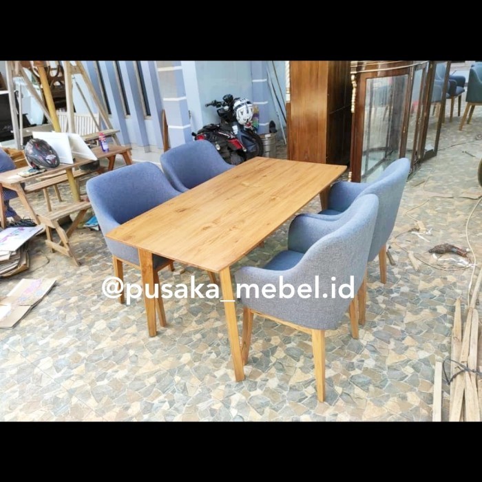 set meja makan minimalis kayu jati, kursi makan jok busa, meja makan