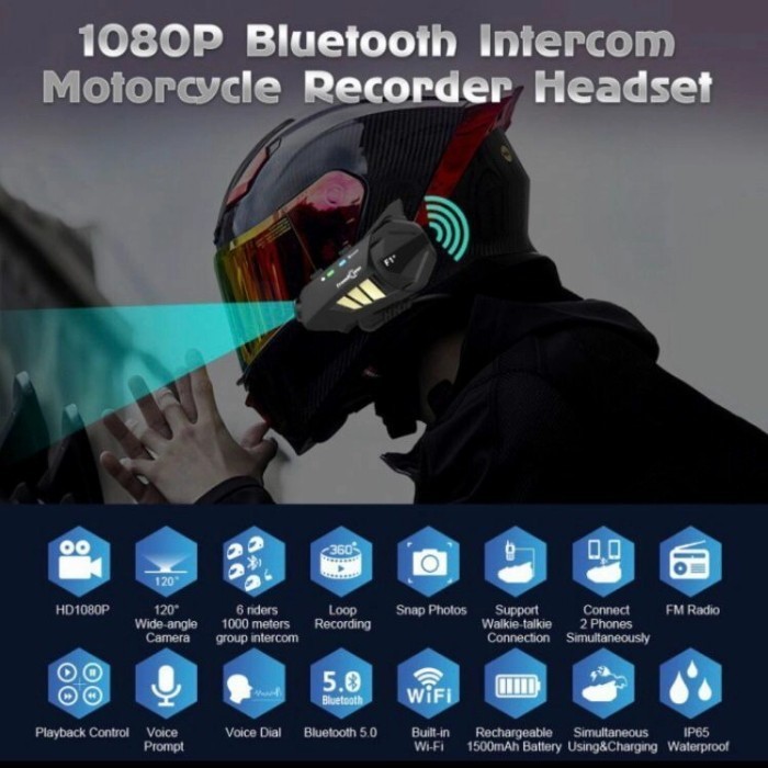 Intercom Freedconn F1 Plus Bluetooth Helm Hd Camera 6 Rider