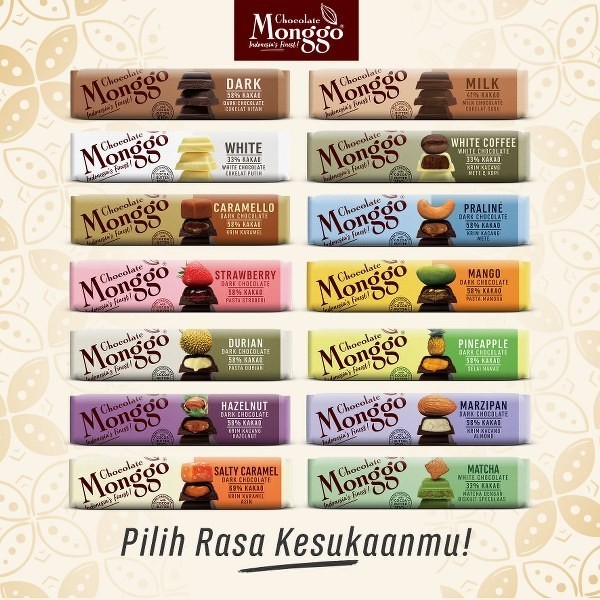 

CHOCOLATE MONGGO BAR 40G COLLECTION 13 COKELAT FLAVORS COKLAT SEHAT