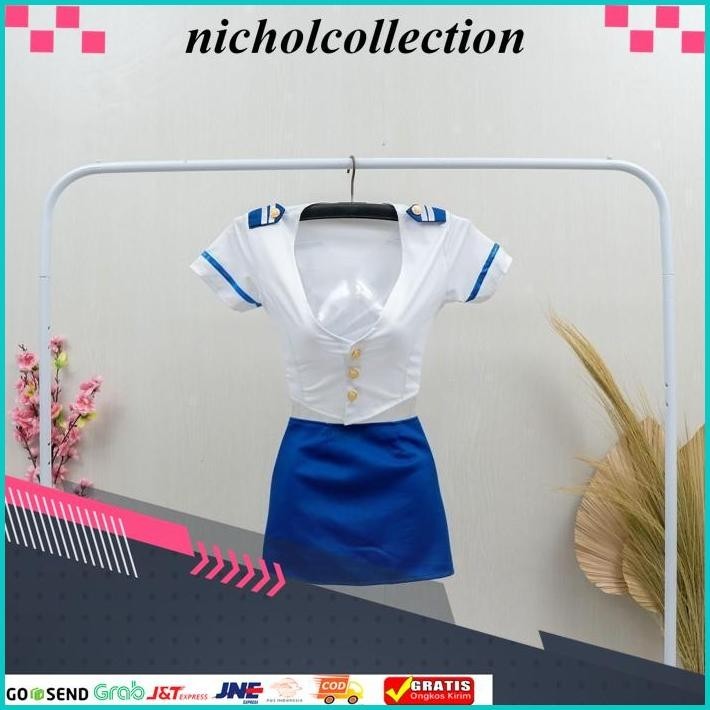 BEST PRODUK BUSANA SEKSI COSPLAY PRAMUGARI SET LINGERIE MODERN BIRU 