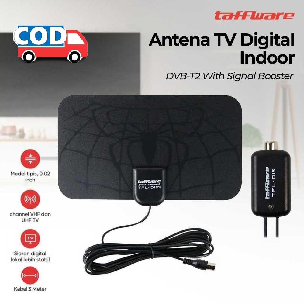 Antena Tv Digital Indoor Dvb-T2 Vhf Uhf 25Db Kabel 3 Meter Dengan Signal Booster Penguat Sinyal