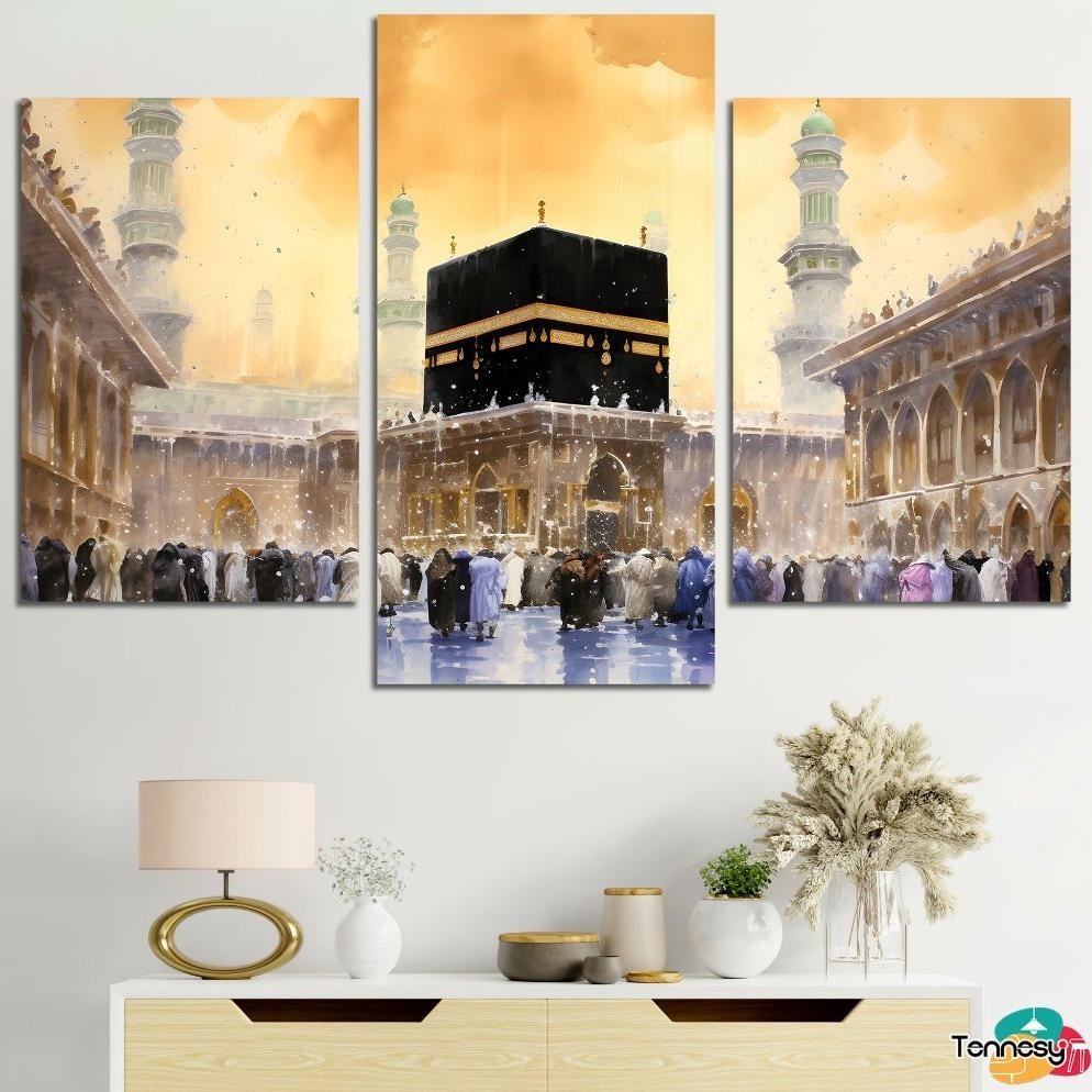 TENNESY Hiasan Dinding Set painting ka'bah islami 3 Panel Besar Dekorasi Dinding Kamar Tidur Pajanga