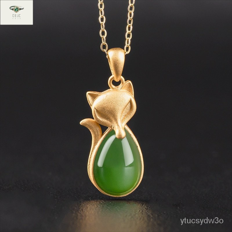 （Dengan Sertifikat）（ytucsydw3o）Bahan Lama Hijau Bayam Giok Hijau Giok Hijau Liontin Rubah RohS925Per