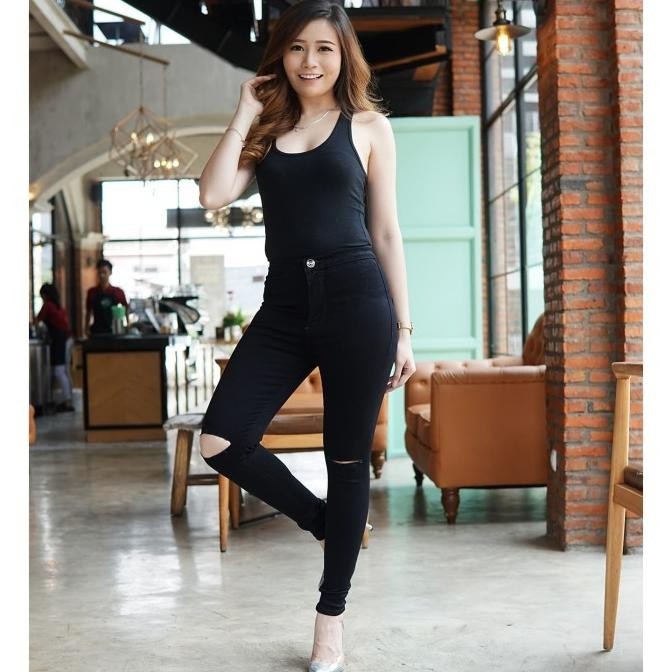 Celana Jeans Highwaist Wanita / HW Hitam Sobek Lutut / Ripped Knee
