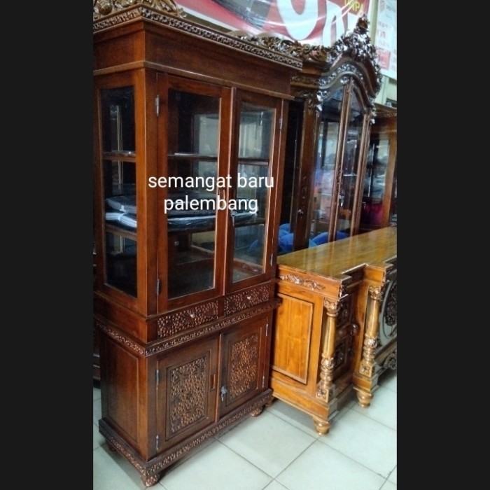 :=:=:=:=] Lemari Hias Jati Jepara 2pintu/ Lemari Rak Buku Minimalis/ Lemari kaca