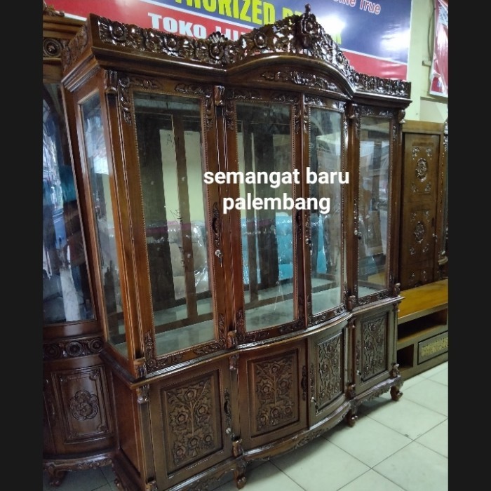 Buruan serbu] Lemari Hias Jati Jepara 4 pintu Ukiran Mawar / Lemari Kaca Kayu jati