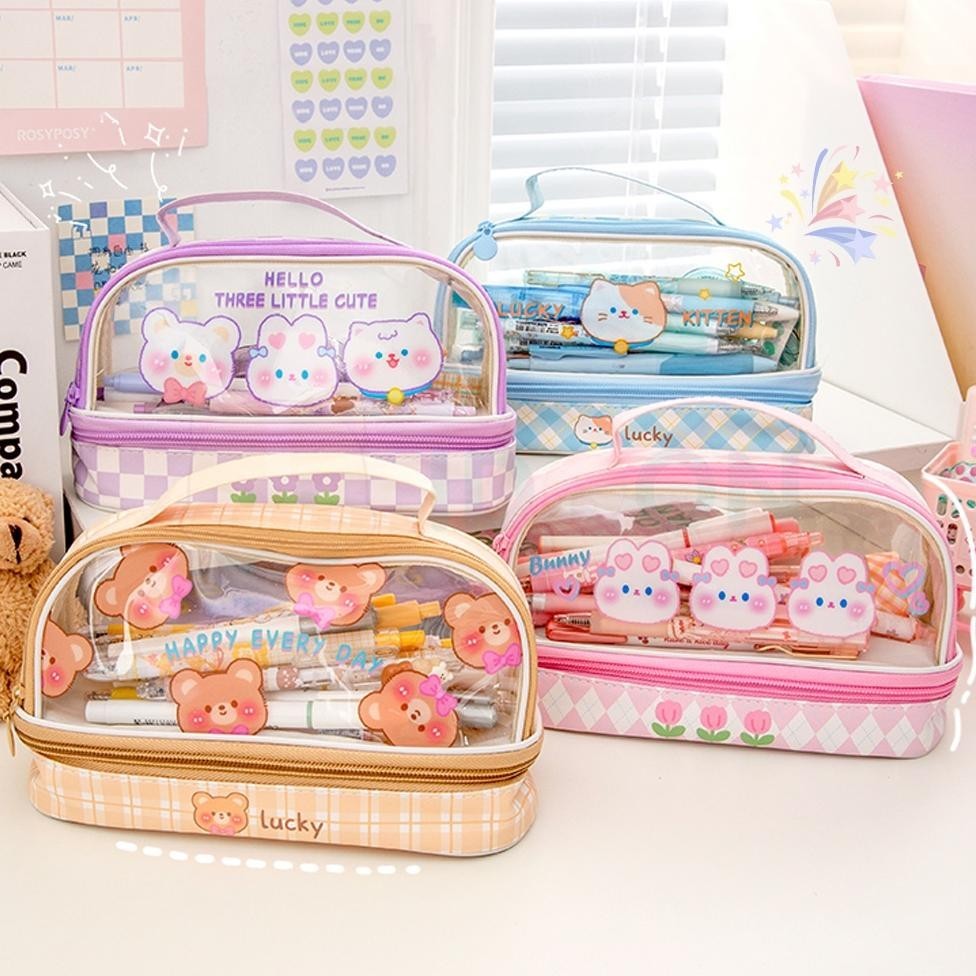 

An85 IDOON Pencil Case Transparan Korea Tempat Pensil Besar Dua Lapis Kotak Pensil Tempat Pola Hewan Lucu Original