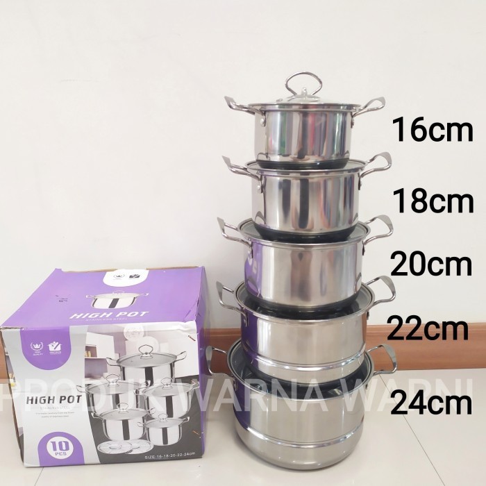 Panci Set Stainless Steel Tutup Kaca+Saringan Isi 5