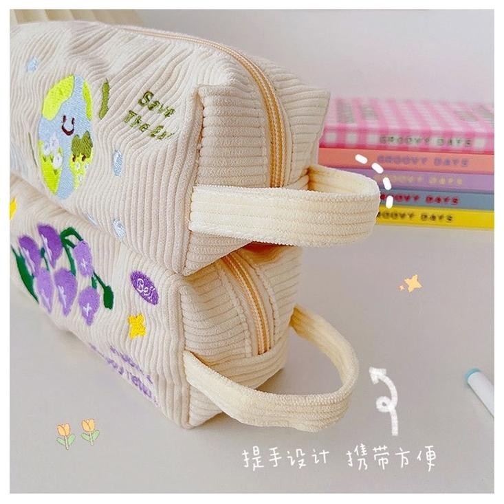 

eq-77 KENSHO Pouch Aesthetic Kain Corduroy Handle Lucu Import / Kotak Pensil Kain / Tempat Makeup / Cute Berkualitas