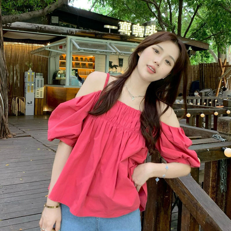 Baju Sabrina Longgar, Baju Lengan Pendek Bahu Terbuka, Baju Selempang Pink