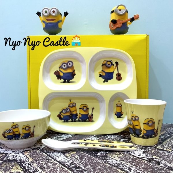 Set Peralatan Makan Bayi/Anak Piring Sekat Sekat 4 Gelas Mangkuk Sendok Melamin Kids Cartoon Edition
