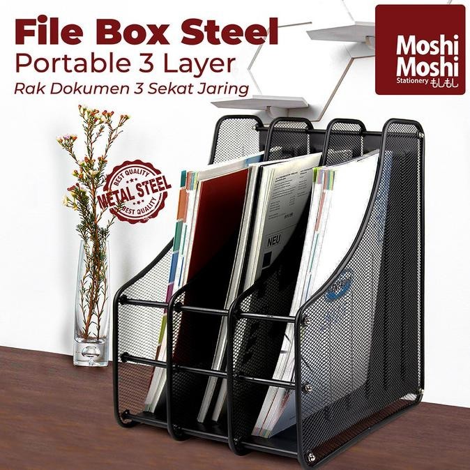 

File Box Foldable Steel Rak Penyimpanan Dokumen 3 Sekat Jaring Besi