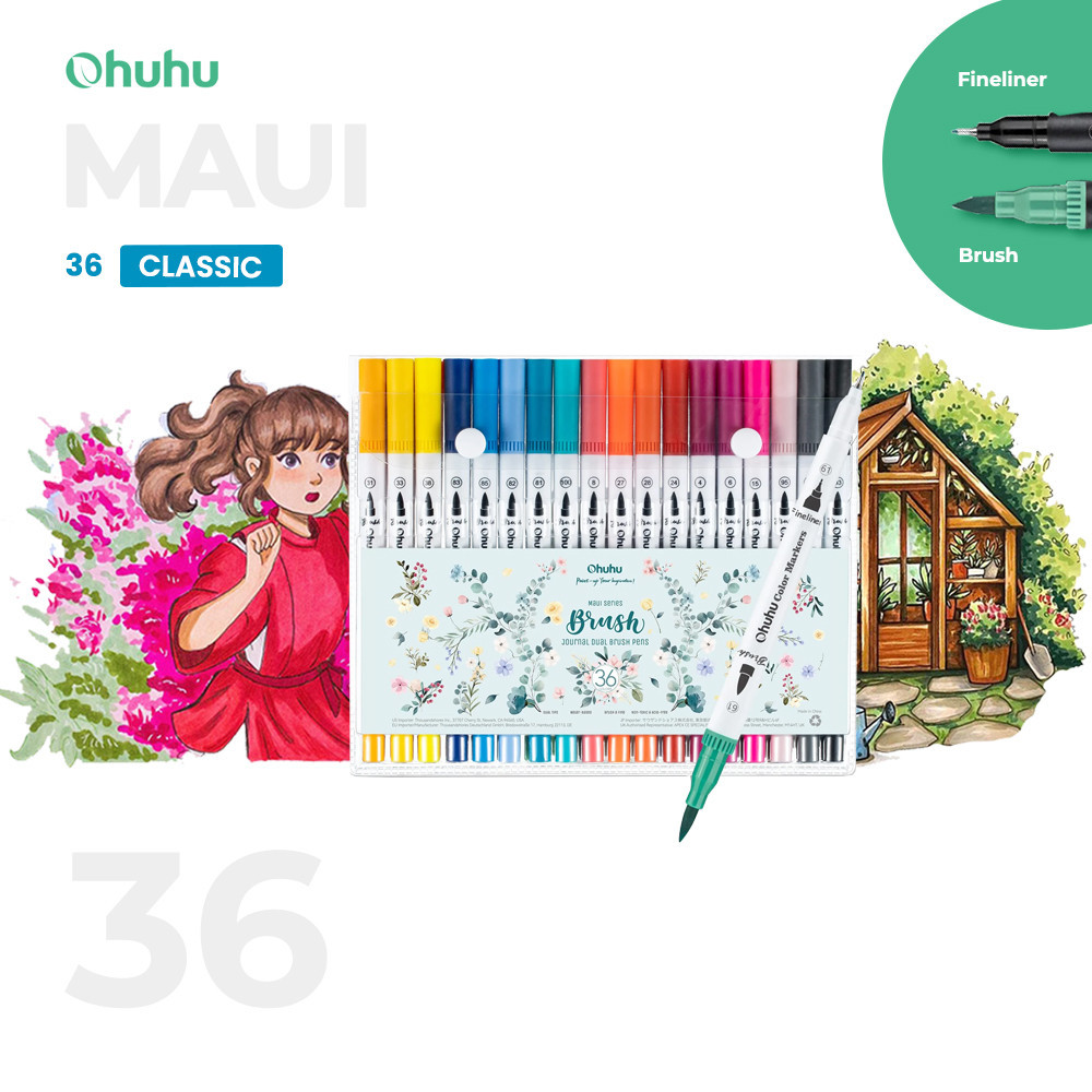 

OHUHU Maui 36 Colors Pens (Brush & Fineliner) Water Based Watercolor Markers