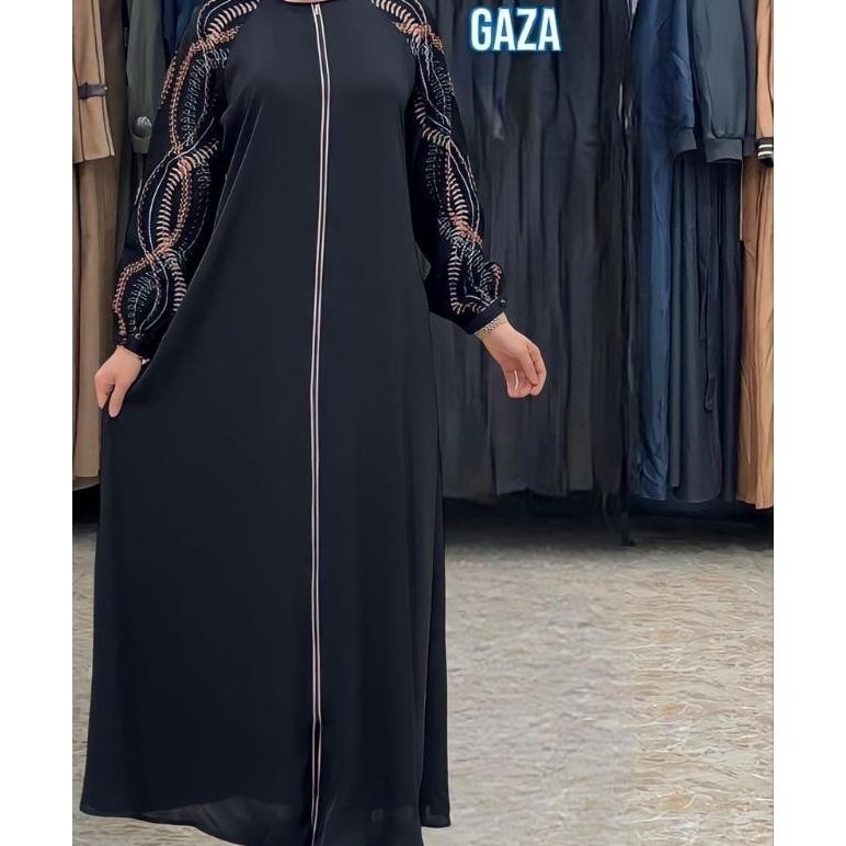 Gamis Abaya Remaja Gaza Bordir Lengan Klok Umbrela Busui Resleting N Kiri Bahan Jetblack Alkhatib De