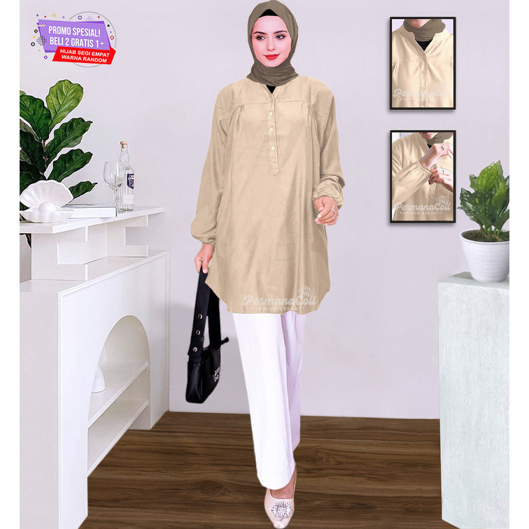 Baju Atasan Blouse Wanita Kemeja Lengan Panjang Cream Tua Jumbo Dewasa