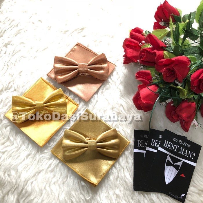 Terlaris Dasi kupu bowtie gold champagne dan pocket handkerchief gold champagne SALE