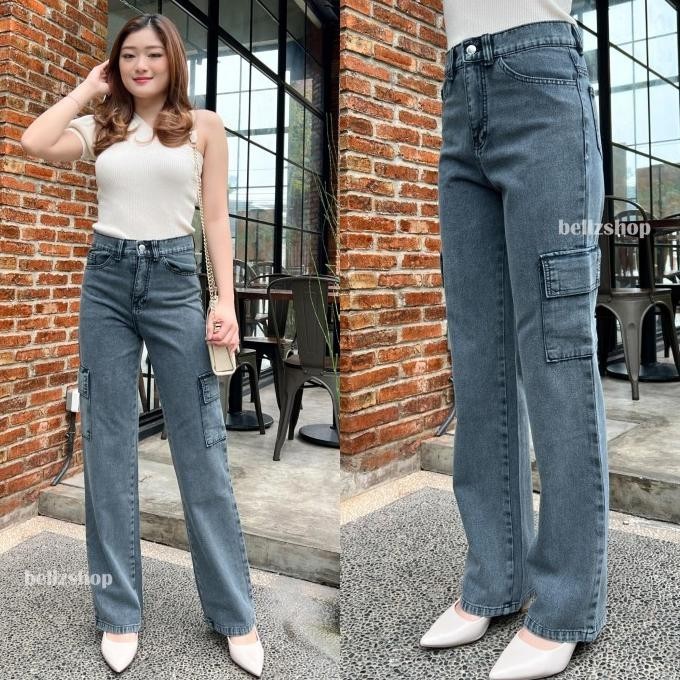 Celana Kulot Highwaist Jeans Cargo Wanita Snow Grey Premium Keira