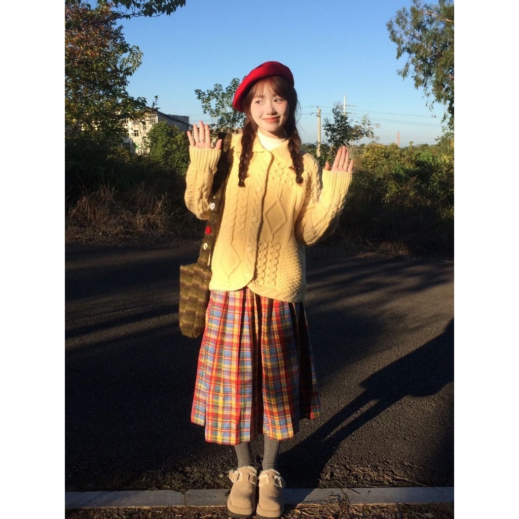 Rok Lipit Kotak-kotak Wanita Musim Gugur Musim Dingin2023Gaya Kuliah Jepang Retro Pria Kecil Setenga