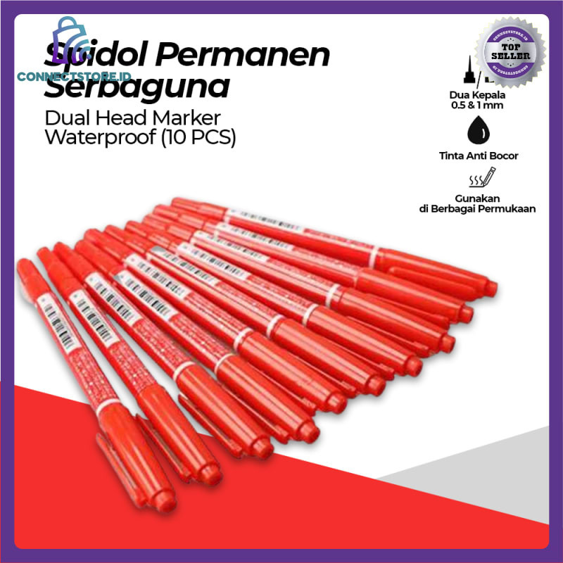 

Spidol Permanen Serbaguna Dual Head Marker Waterproof 10 Pcs - Red