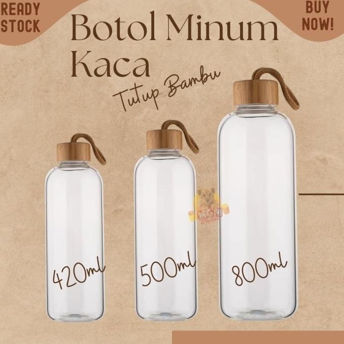 botol minum kaca beling 500ml tutup bambu my bottle infuse water
