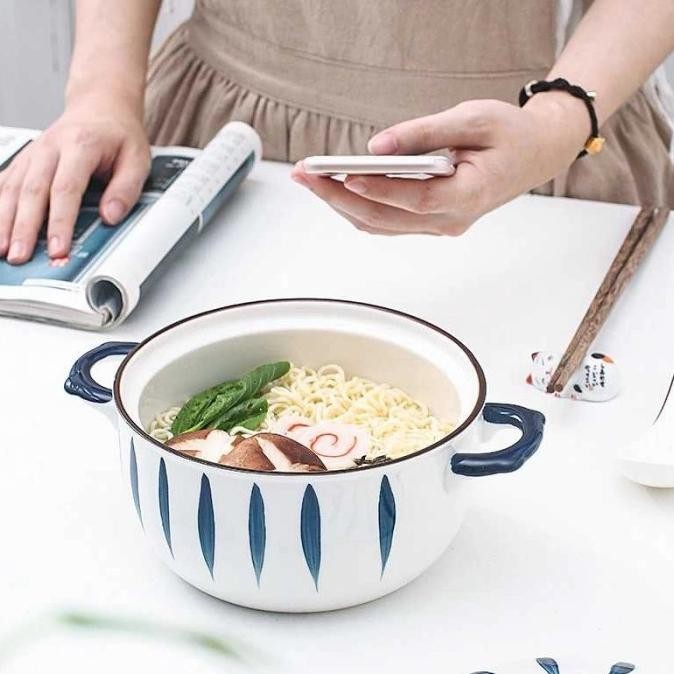 MANGKOK MAKAN KERAMIK GAGANG TUTUP BULAT MANGKUK SUP MIE SAYUR BOWL LS01