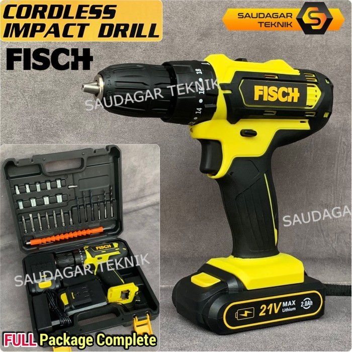 Cordless Impact Drill Fisch 21 V Mesin Bor Tembok Screwdriver Cordless Baterai Batre 21V Set Koper