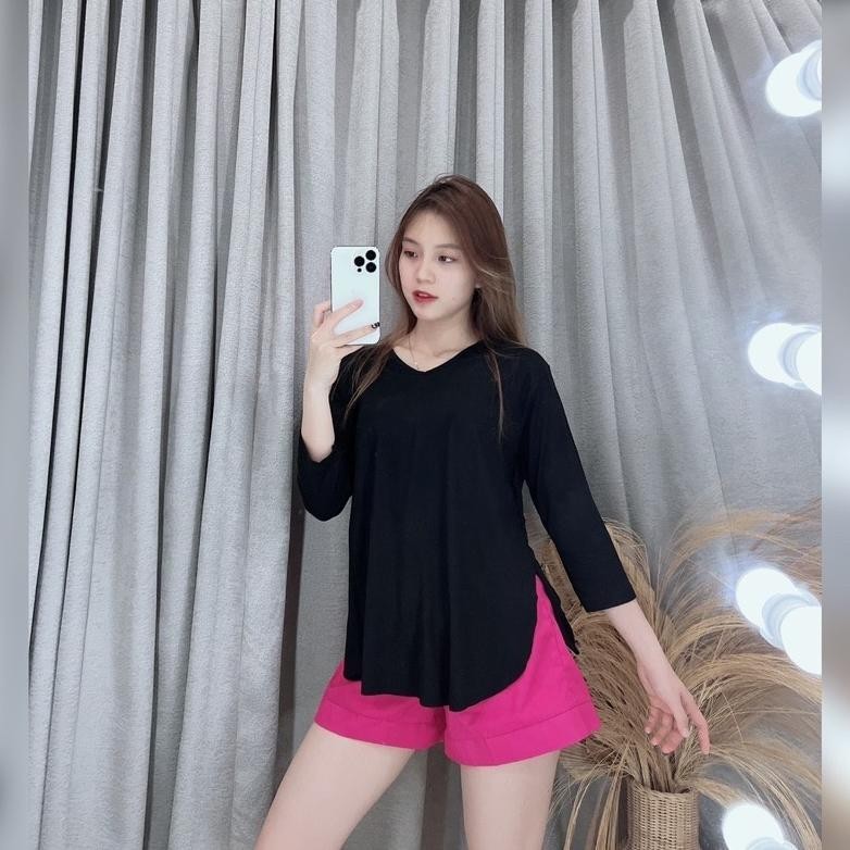 Iwd Kaos Neck Wanita Polos Lengan 7/8 Panjang Blouse P3334 Warna Hitam Putih Pink Merah Kuning Cokla