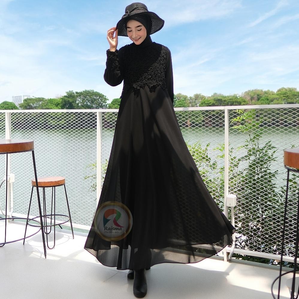 Gamis Umroh & Manasik Haji Dress Hitam Muslim Elegan Brokat Syaiima Gamis Wanita Syari Remaja Kekini