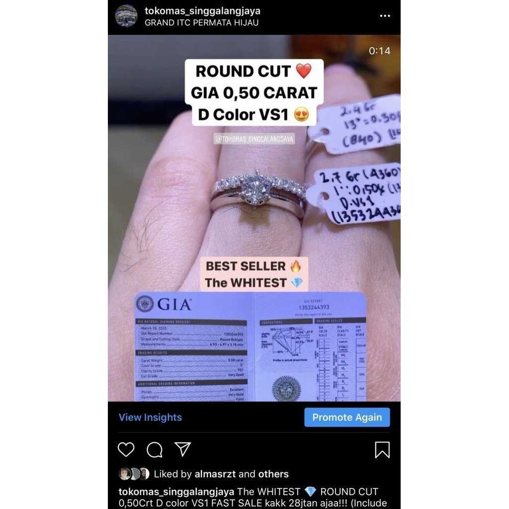 Ready Sale cincin berlian GIA 0,50 D color Vs1 full diamond eropa white gold