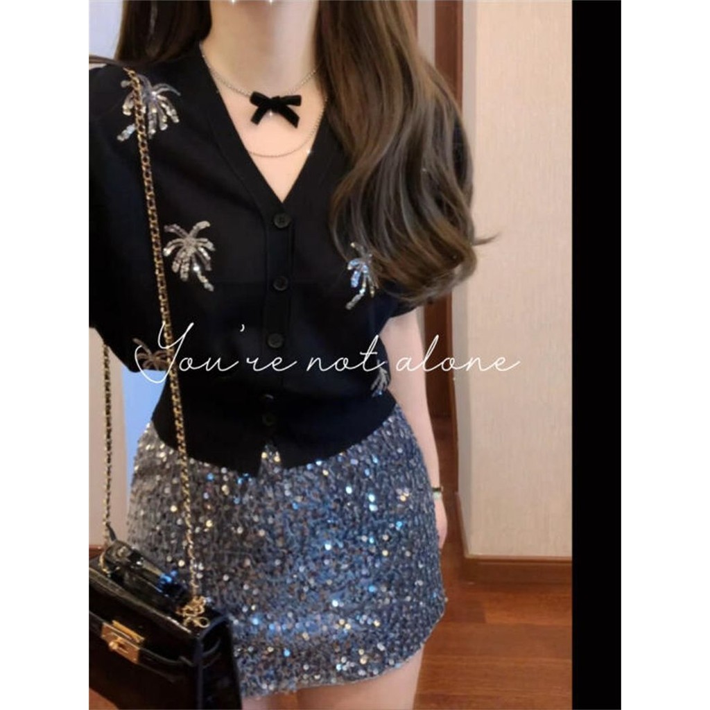 [Cream Winnie]Set dua potong atasan berpayet kasual Korea dan rok pendek berpayet