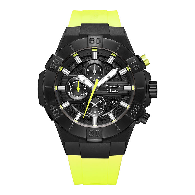 Jam Tangan Pria Alexandre Christie Chronograph AC 6649 MC RIPBALE Men Black Dial Lime Green Rubber S